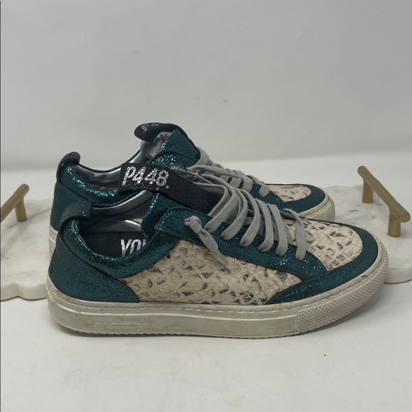 P448 Teal and White Sneakers with Glitter Accents Size 6 - Picture 6 of 11